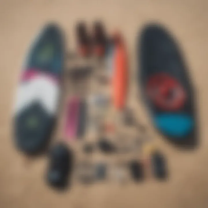 Essential kiteboarding gear laid out on the beach, ready for use.