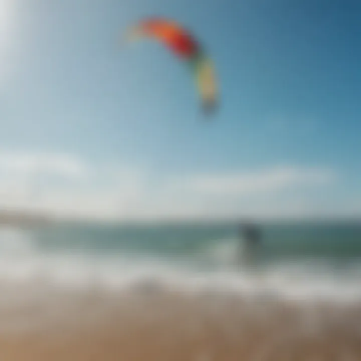 A vibrant kiteboarding scene with colorful kites soaring against a clear blue sky.