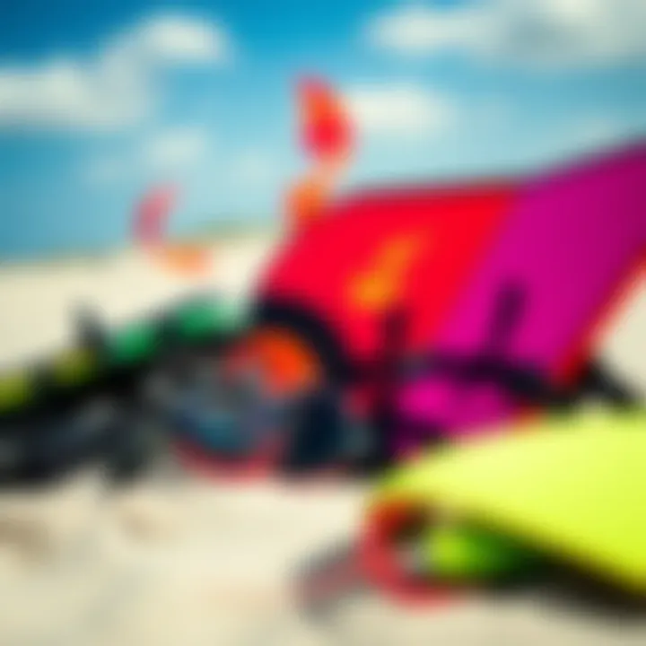 Essential Kiteboarding Gear Essential kiteboarding gear displayed on the beach