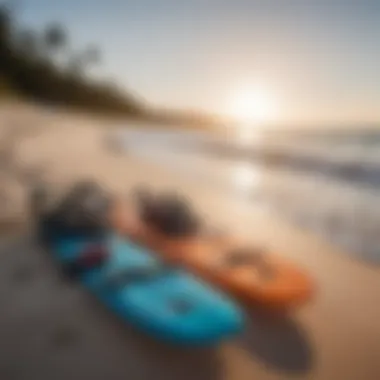 Kiteboarding gear laid out on the beach