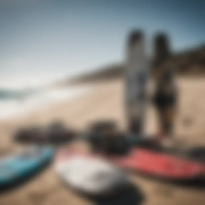 Kiteboarding gear laid out on a beach