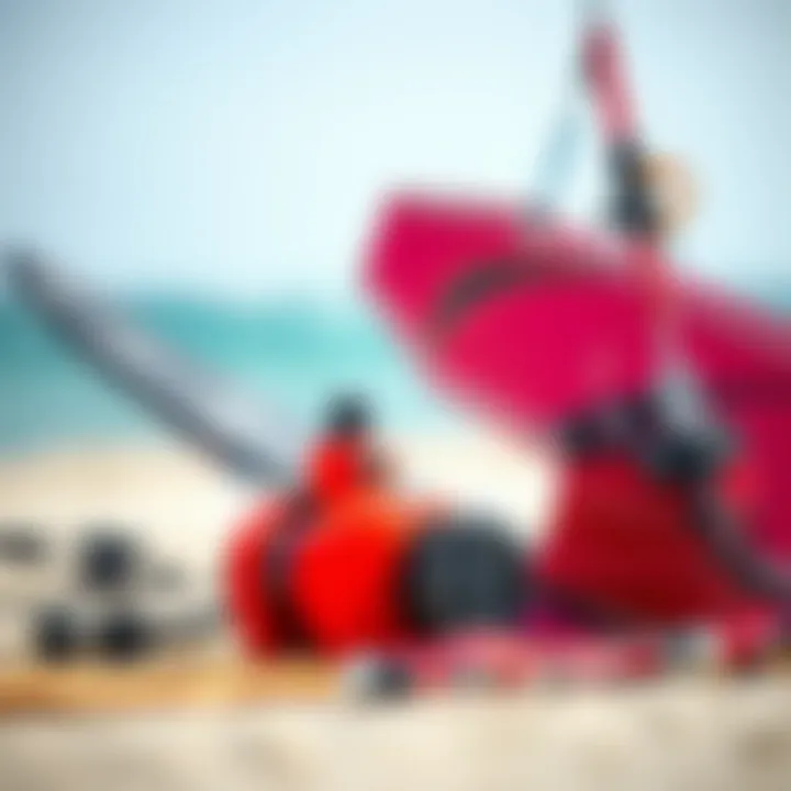 Close-up of essential kiteboarding equipment, including a kite and board, arranged neatly.
