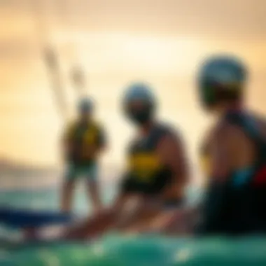 An instructor guiding enthusiasts through safety measures in a kiteboarding lesson.