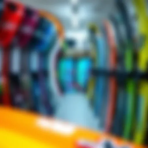 A vibrant kiteboarding store showcasing various kites and boards