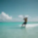 A panoramic view of kiteboarding on a turquoise lagoon