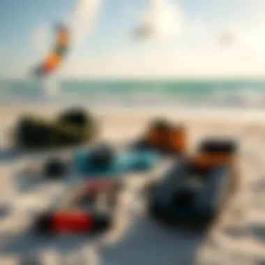 Kitesurfing gear laid out on the beach, highlighting essential equipment for the sport