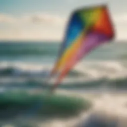 A dynamic shot of a colorful kite soaring above the ocean waves