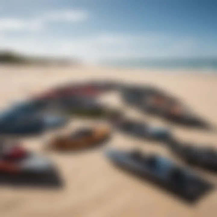 An array of kitesurfing gear arranged neatly on a sandy beach