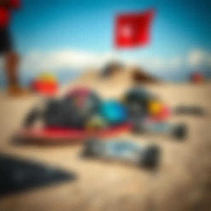 A selection of essential land boarding equipment laid out for review