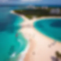 Aerial view of Nassau beach with kiteboarders