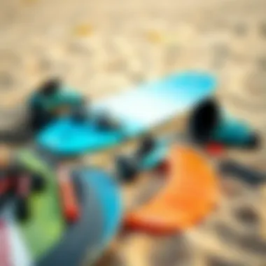 Kiteboarding Gear Essentials An array of kiteboarding gear laid out on a sandy beach