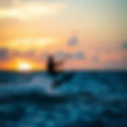 A picturesque view of kiteboarding at sunset over the ocean