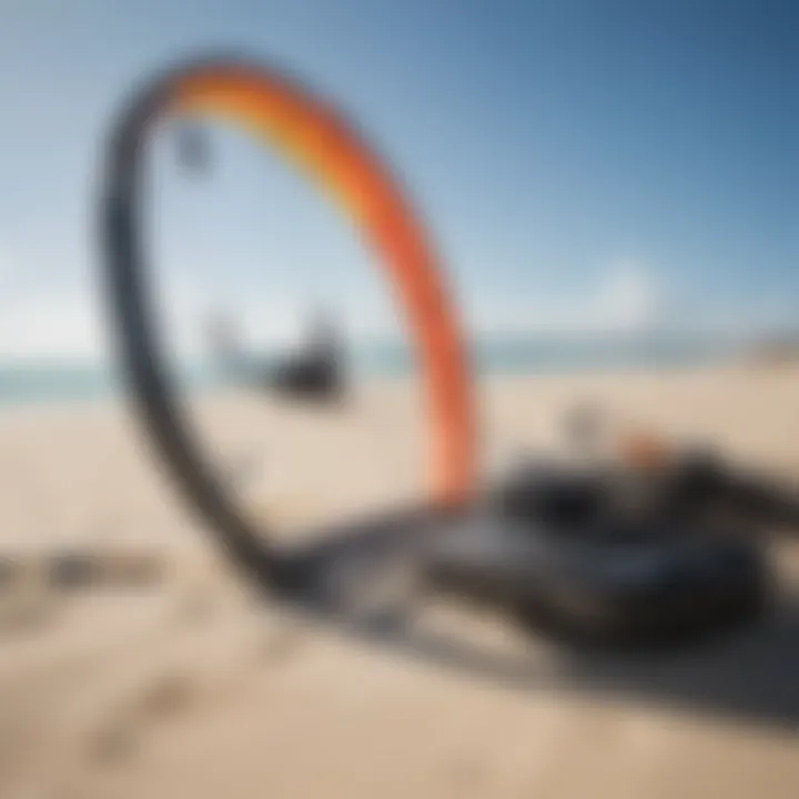 Diverse range of kitesurfing equipment displayed on the sand