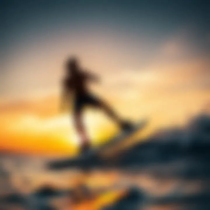 Scenic backdrop of a hydrofoil boarder in action against sunset
