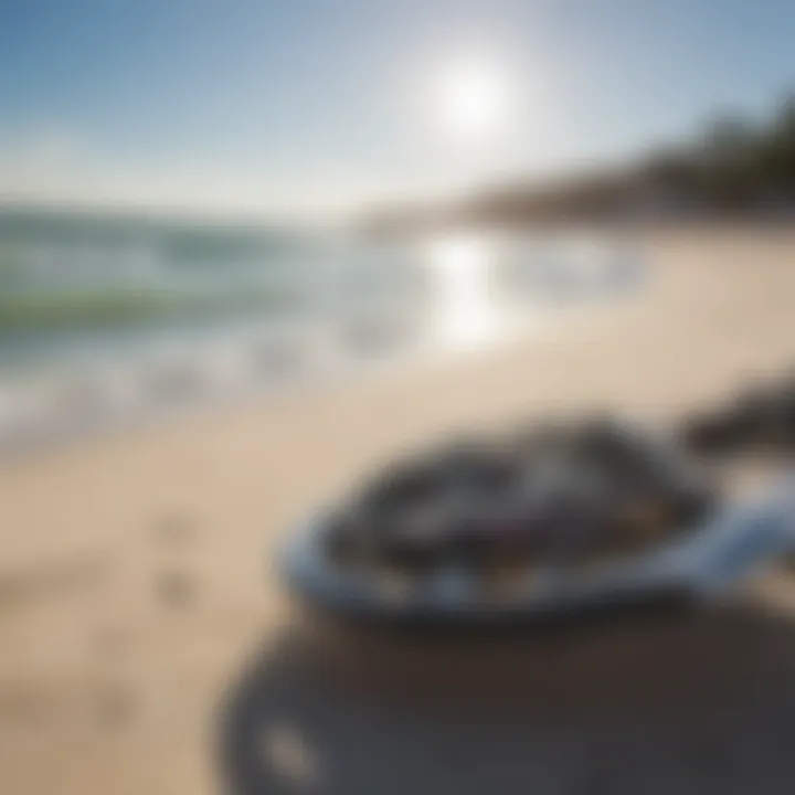 Close-up of kiteboarding gear on the beach