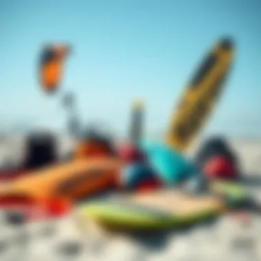 Essential Kite Surfing Gear Diverse gear used for kite surfing displayed on a beach.