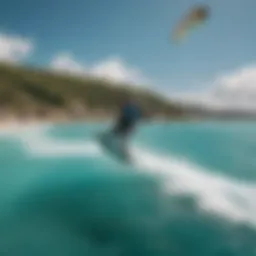 A skilled kitesurfer executing a high-flying jump over turquoise waters