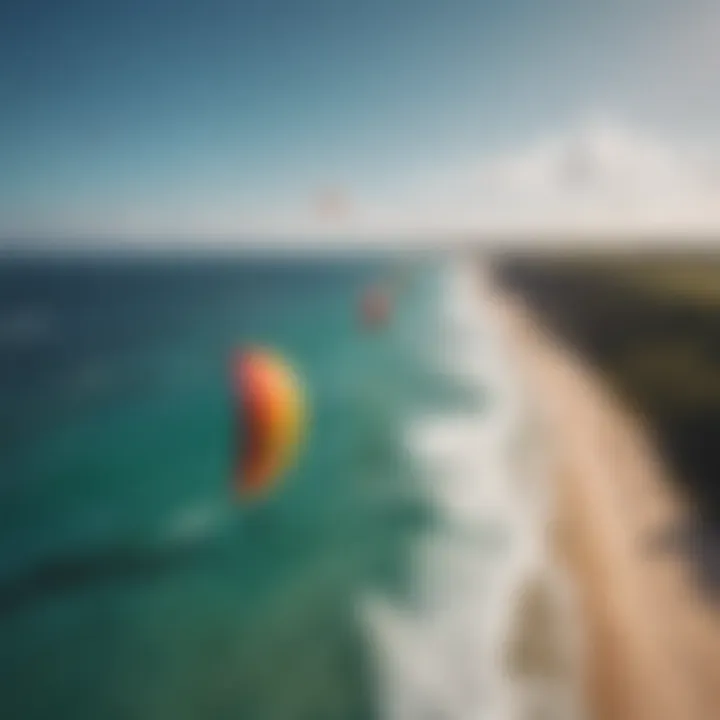 An aerial view of a stunning kitesurfing destination with colorful kites in the sky