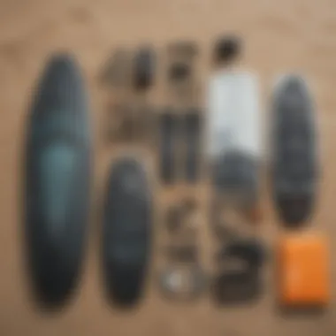 A close-up view of high-performance kitesurfing gear laid out on the beach