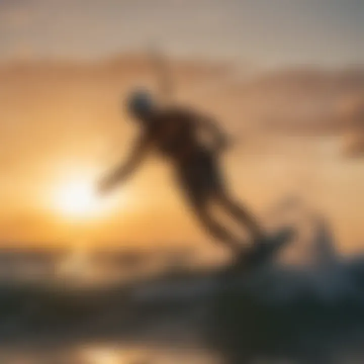 Kiteboarders riding the waves against a backdrop of vibrant sunset