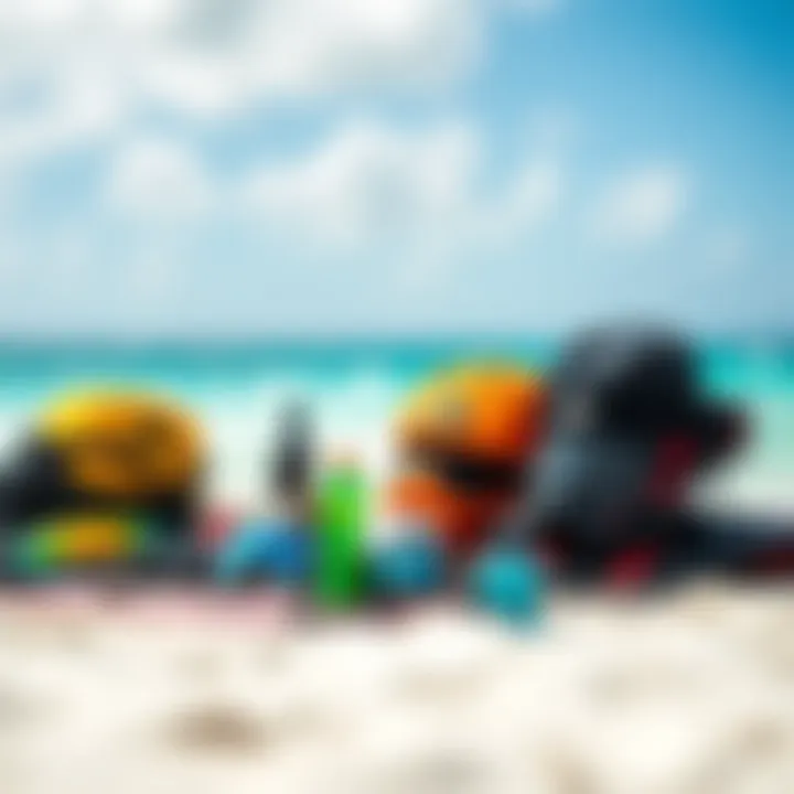 Essential Gear for Kiteboarding Enthusiasts A selection of essential kiteboarding gear displayed on the beach