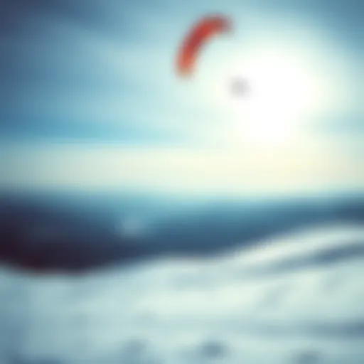 A stunning landscape of ski kiting on a snow-covered terrain with a vibrant kite soaring above.