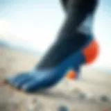 A close-up view of split toe neoprene socks showcasing their unique design and material.