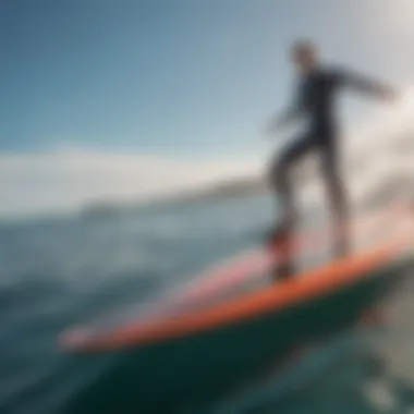 Close-up of hydrofoil technology integrated within a surfboard