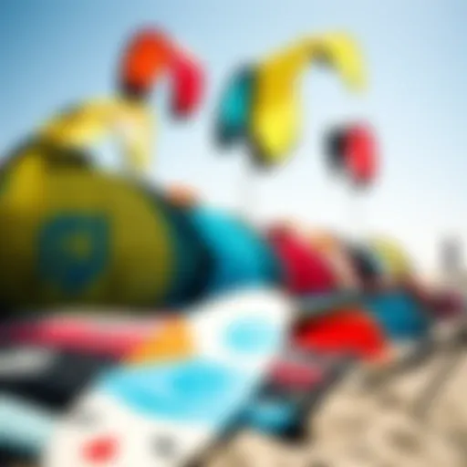 A vibrant collection of various surfing kites displayed on a sunny beach