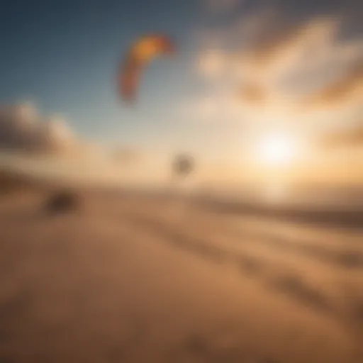 A kiteboarder gliding across a sandy landscape under a vibrant sky