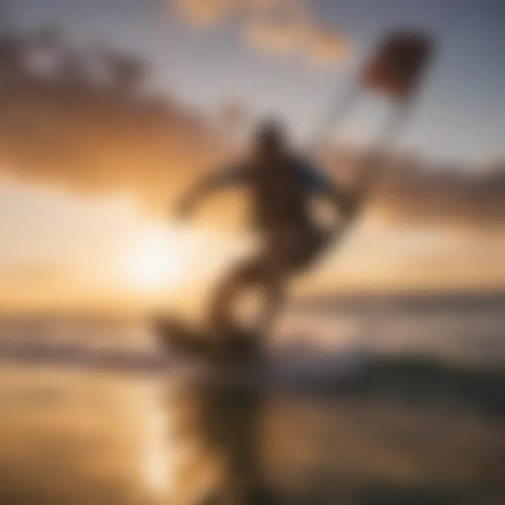 A dramatic sunset view of a kiteboarder maneuvering skillfully on land