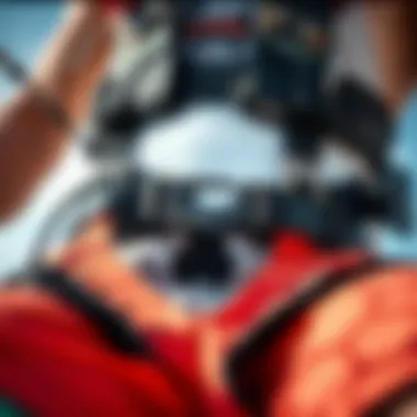 A detailed view of a kiteboard harness showcasing its intricate design and features