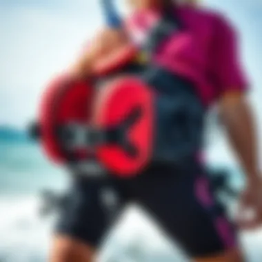 An array of essential safety features integrated into a kiteboard harness