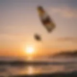 A crosswing kiteboarding session at sunset