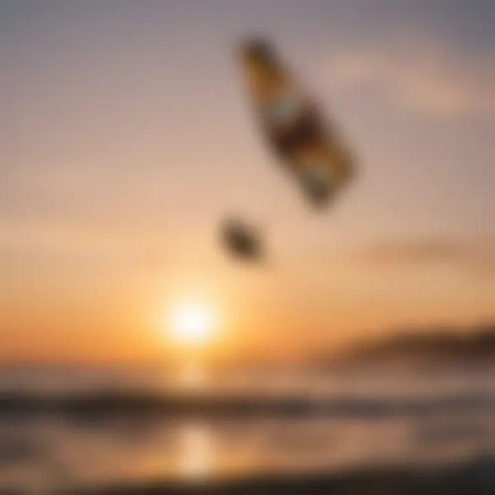 A crosswing kiteboarding session at sunset