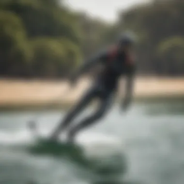 Side profile of a kiteboarder outfitted in a 5ml wetsuit in action on the water