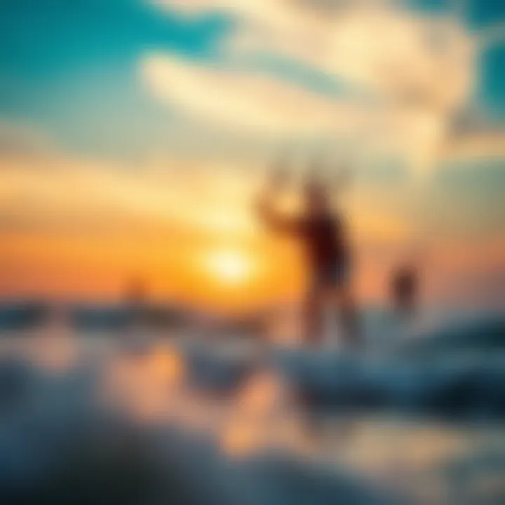 A scenic view of kiteboarders riding waves against a sunset backdrop