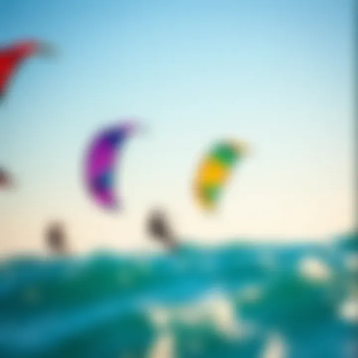 Kiteboarding action shot showcasing vibrant kites in the sky