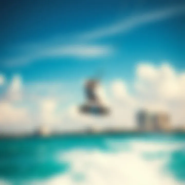 A dynamic kiteboarder soaring through the sky over the vibrant waters of Miami