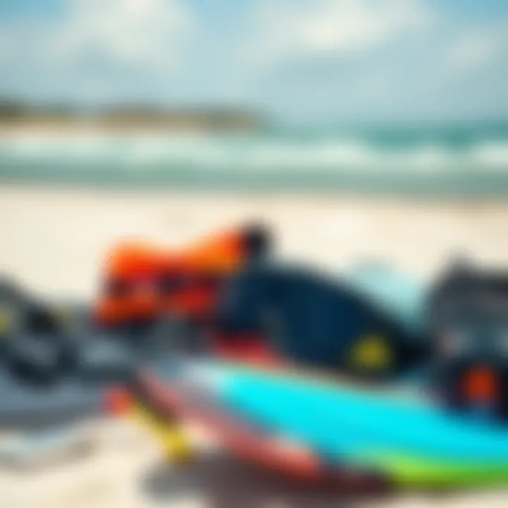 An array of essential kiteboarding equipment laid out for enthusiasts