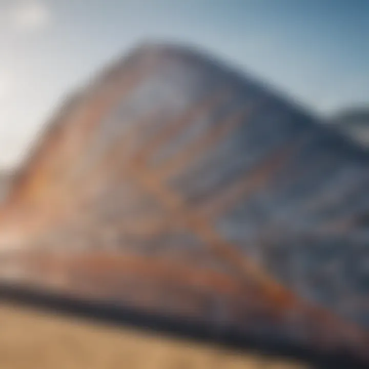 A close-up view of a kite foil wing showcasing its intricate design and materials.