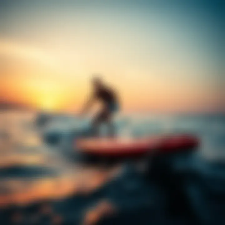 Sunset Ride on a Wave Runner Surfboard A wave runner surfboard riding the waves at sunset