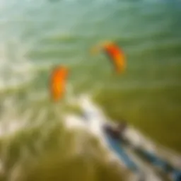 An aerial view of kiteboarders showcasing vibrant kites against the ocean backdrop