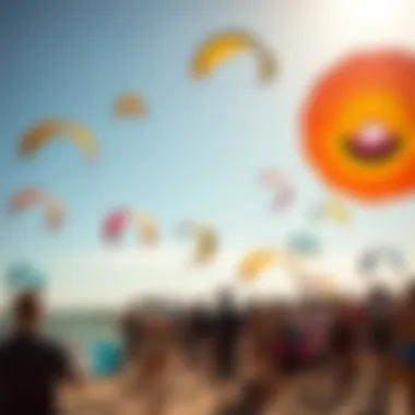 Kiteboarding Community Gathering A vibrant kiteboarding community event with various kites flying in the sky