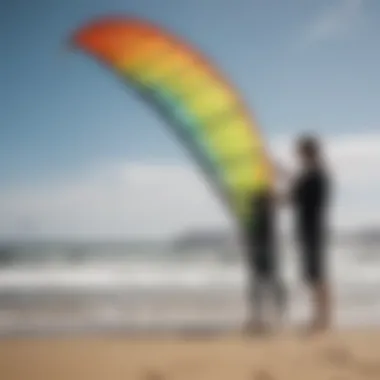 An expert kitesurfer inspecting a used kite before purchase