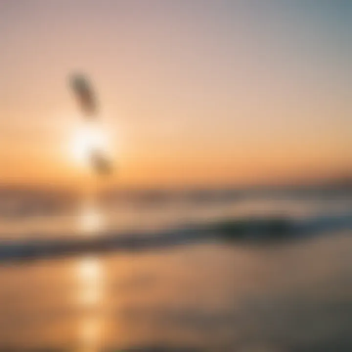 A serene beach scene with kiteboarders using mini hydrofoils during sunset