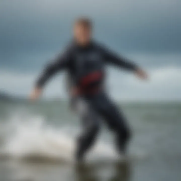 Kiteboarder demonstrating the flexibility and fit of the Mystic drysuit