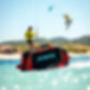 Kiteboarding Scene with the Mystic Kite Bag in the Foreground A picturesque kiteboarding scene with the Mystic Kite Bag in the foreground