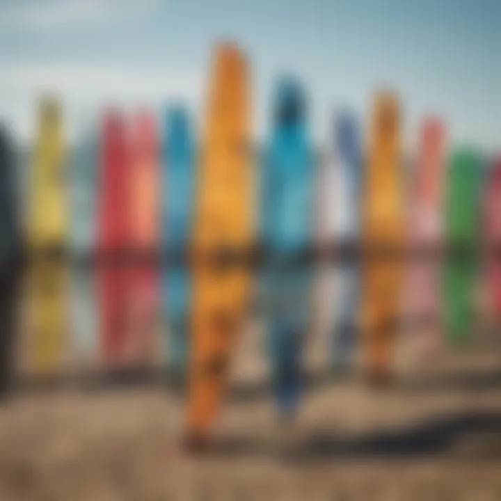 An assortment of pre-owned kiteboarding kites displayed on a rack, highlighting different styles and colors.