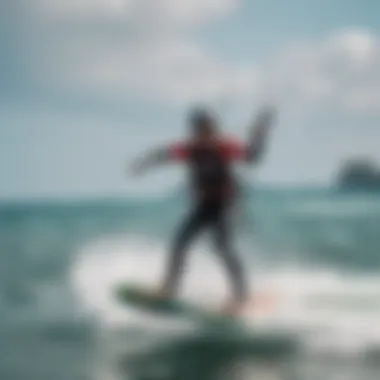 Kiteboarder demonstrating the use of air straps in action on the water